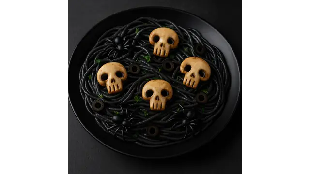 Espaguetis con calaveras de champiñón