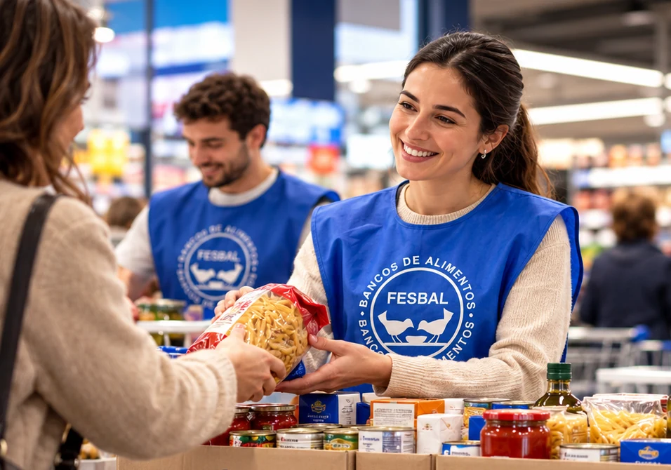 Imagen ilustrativa creada con IA de voluntariado y clientes participando en una recogida solidaria de alimentos